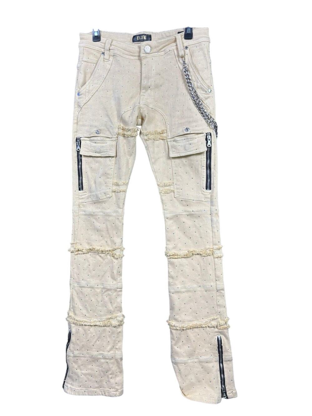 Elite Premium Denim Pants Womens 29 Studded Cargo Zipper Chain Fringe 29/34
